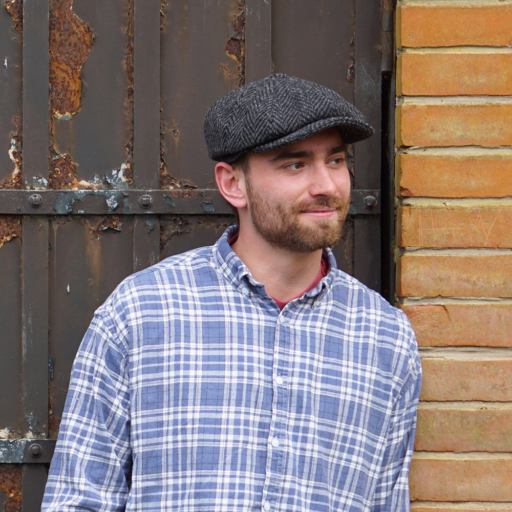 Black-Charcoal Heavyweight Donegal Tweed Herringbone Newsboy Cap - Image 5