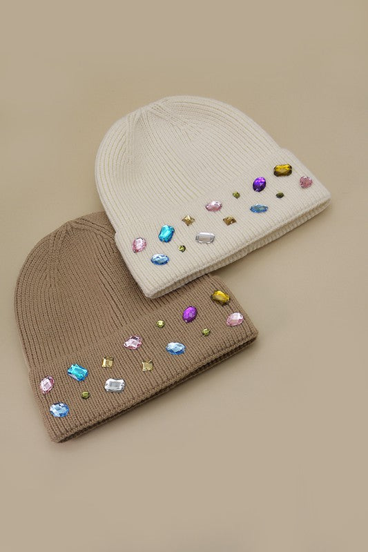 Jeweled Color Stone Embellishment Beanie - Image 2