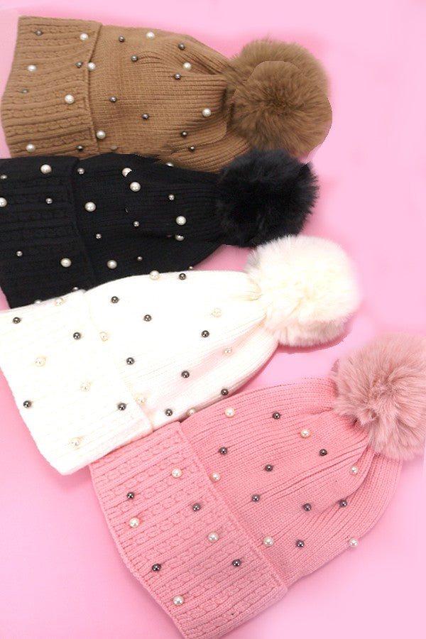 Sequin Faux Fur Pom Pom Beanie