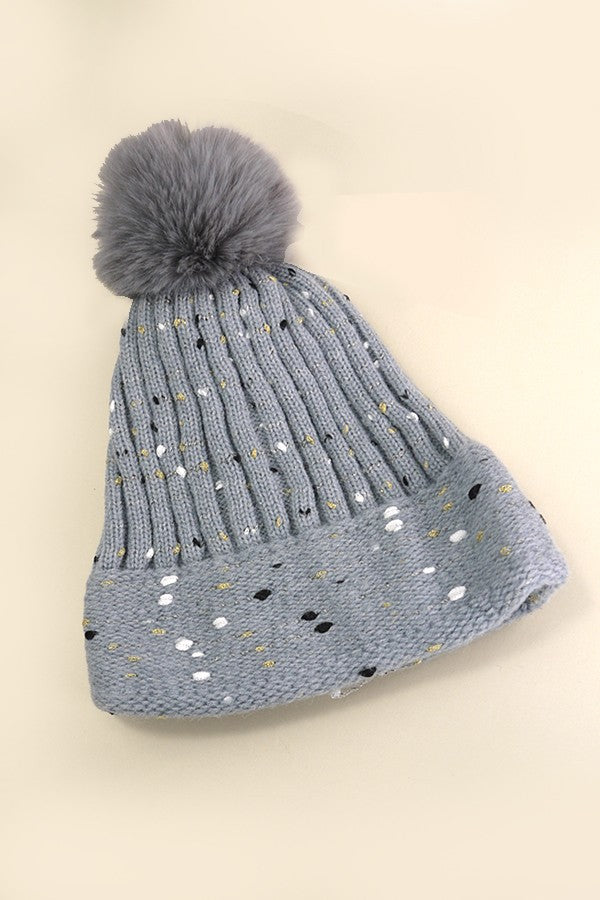 Sequin Faux Fur Pom Pom Beanie - Image 2