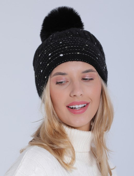 Sequin Faux Fur Pom Pom Beanie - Image 9