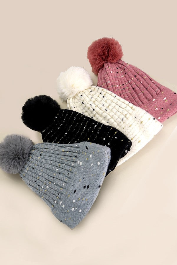 Sequin Faux Fur Pom Pom Beanie