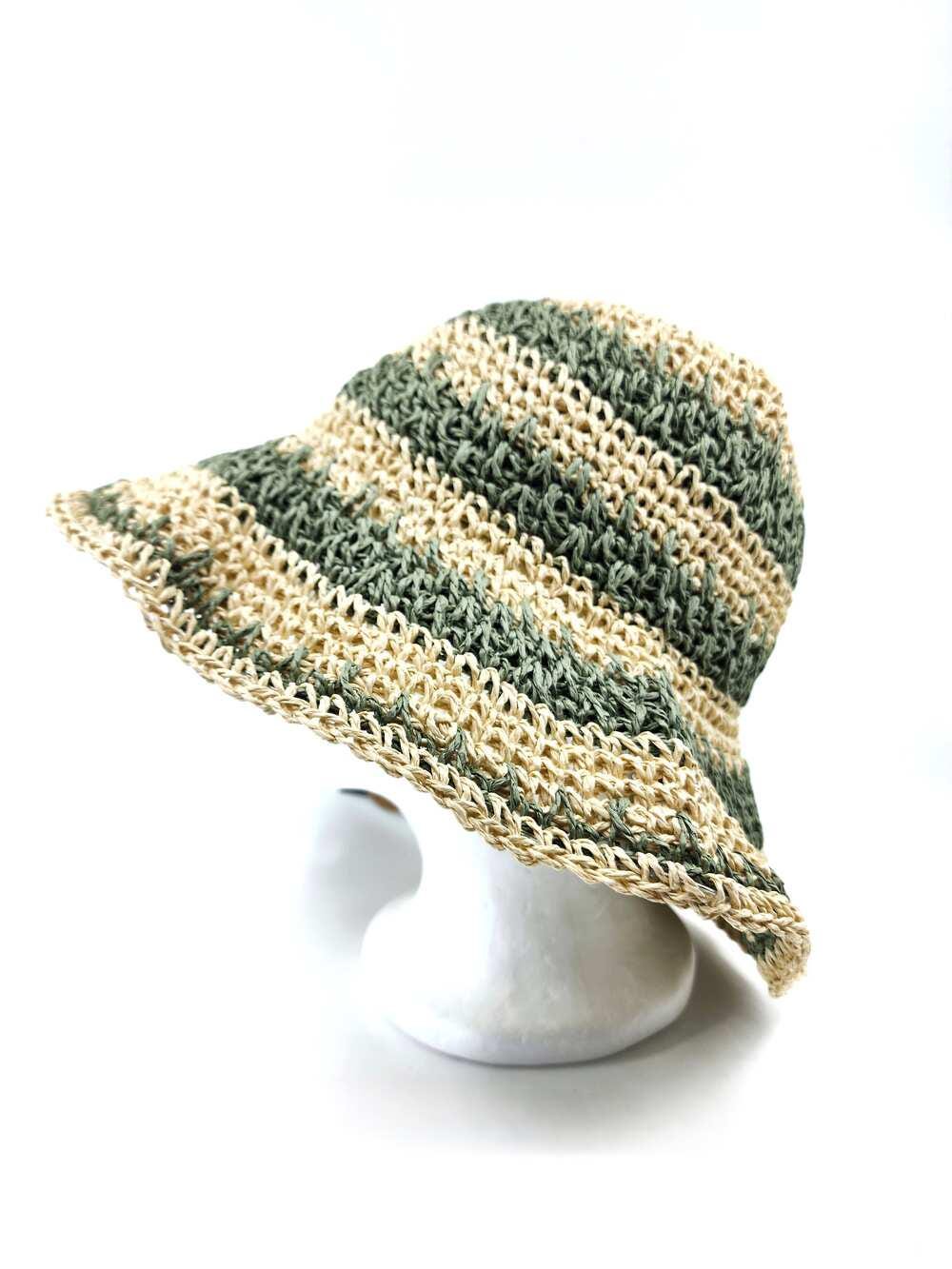 Women's Hand Crochet Clothe Straw Bucket Sun Hat in Two Tone Stripes - Image 3