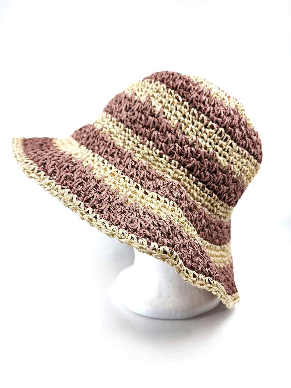 Women's Hand Crochet Clothe Straw Bucket Sun Hat in Two Tone Stripes - Image 5